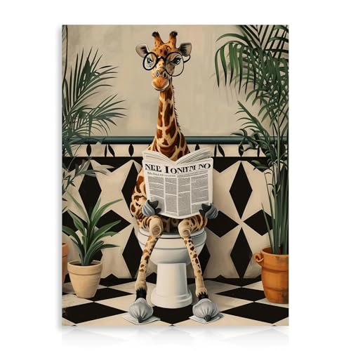Dazzlewall Art Mural de Salle de Bains Girafe Drôle, Girafe à Lunettes Fantaisiste Lisant le Journal pour Salle de Bains et Toilette 12x16 pouces sans Cadre