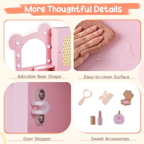 Image of Costzon Kids Vanity with Lights, Girls Vanity Set with Mirror, Storage Drawers, Cabinet & Shelves, Toddler Makeup Vanity Desk Dressing Table, Wooden Kids Vanity Table and Chair Set (Pink)