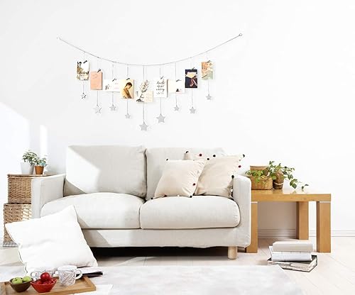 Miniatura 6 de Mkono Expositor de fotos colgante de macramé con luz y metal, organizador de fotos para colgar, decoración bohemia para el hogar, con clips de