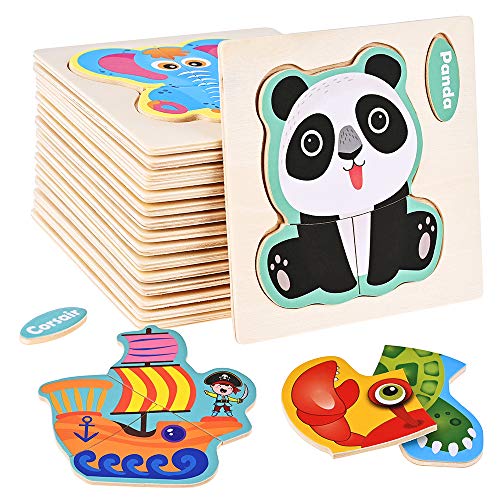 Faburo 16PCS Puzzles Animaux en Bois, Bébé Puzzle à Encastrements, Jouets Montessori Educatif Apprentissage pour Enfant 1-4 Ans