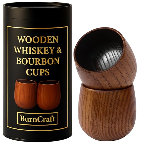 Charred Wooden Whiskey Glass Set of 2 - Artisan Bourbon Tumbler for Men - Natural Wood...