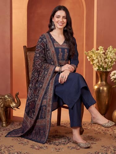 Image of INDO ERA Women's Straight Pure Cotton Floral Self Design Kurta & Pant With Dupatta Set | Kurta Sets For Woman