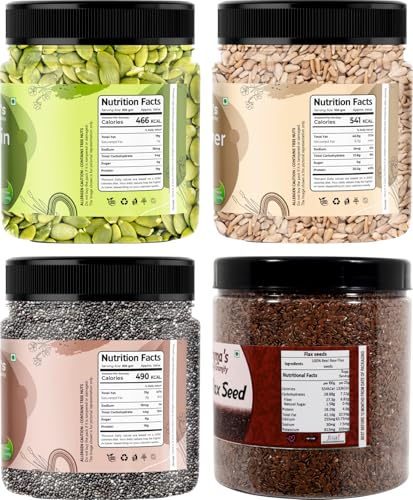 Image of MUMMA'S HOME GRAMITY Super Seeds Combo Pack 1kg Each | Pumpkin Seeds, Sunflower Seeds, Chia Seeds & Flax Seeds | High Fibre Healthy Seeds for Snacks, Smoothies & Daily Nutrition | 1kg x 4 Jars