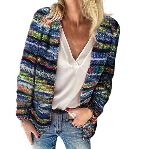 Women's Rainbow Striped Multicolor Long Sleeve Knitted Cardigan Sweater Draped Kimono Style Casual Outwear