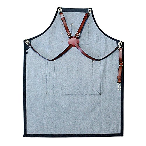 Boshiho Denim Jean Work Apron - Adjustable Bib Chef Apron Barber Apron - Utility Shop Tool Apron with Cross-back Leather Straps (B)