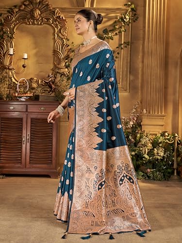 Image of Mehrang Women's Banarasi Silk Kanjivaram Saree For Wedding With Pure Zari Work, Woven Design, With Unstitched Blouse Piece