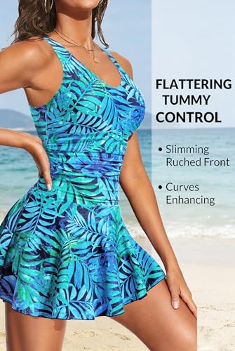 Image of Yonique One Piece Swimsuits for Women Modest Tummy Control Swimdress Vintage Bathing Suits Skirt Swimwear