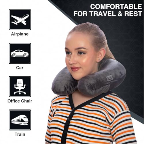 Image of CRAE Travel Neck Pillow for Men & Women | Soft Fibre Cushion for Flight, Car & Train | Soft Velvet Fabric with Attachable Snap Strap | Cervical Support for Neck Pain Relief.Pack of 1(Grey)