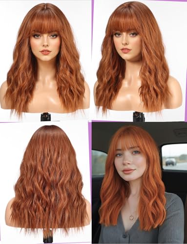 WOKESTAR Long Wig with Fringe Synthetic Wavy Wigs for Women Ginger Color, 22 inches - Image 2
