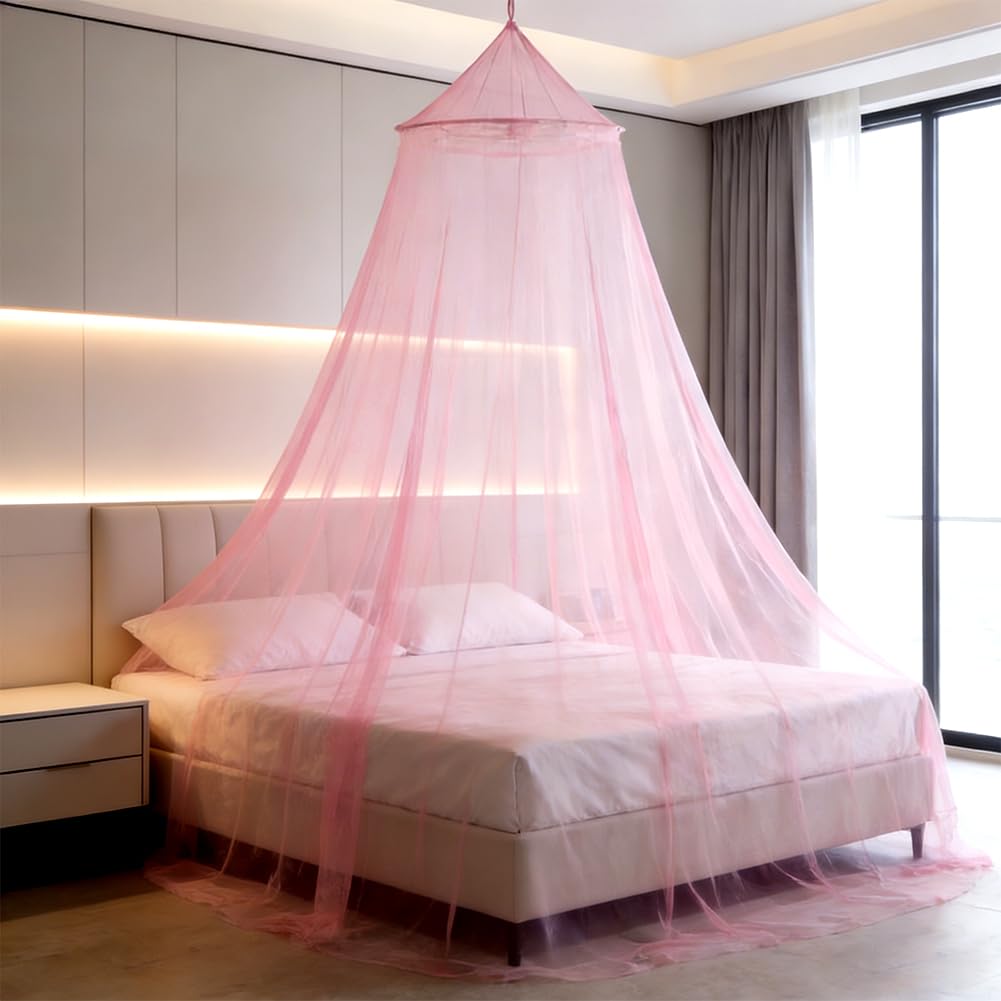 HATFRYF Dome Mosquito Net, Bed Canopy, Dome Canopy Bed Large Hanging, Mosquito Net for Travel&Room Single to Double Universal, Breathable Mesh Effective Anti, Girls Boy Room Decor - Pink