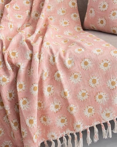 Image of Cotton Throw Blanket with 2 pc Cushion Cover Daisy Floral Print, Pink, Tassel Embellishment, Sofa Cover, 177.8 x 127 cm or 50x70 Inch (Sunflower Daisy Print)