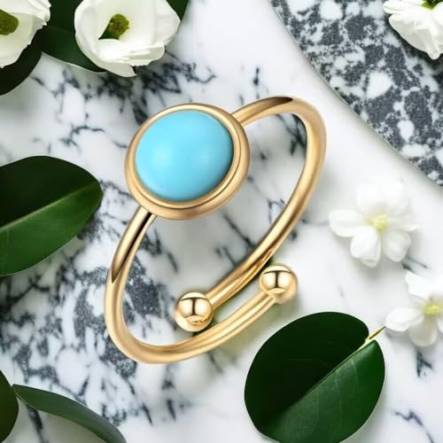 Simulated Turquoise Stacking Ring for Women Teen Girls Promise Wedding Engagement Statement 18k Gold Plated Stainless Steel Adjustable Open Tiny Wrap Middle Tail Finger Band Valentine's Day Anniversary Jewelry Dainty Gifts Christmas4