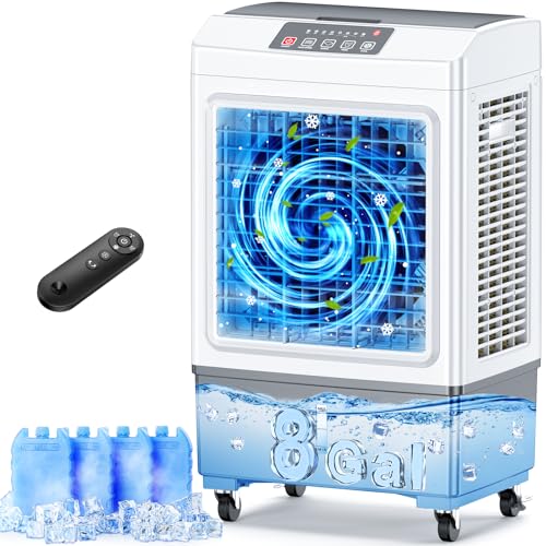 CENSTECH Windowless Portable Air Conditioners w/ 8Gal Dual Tank, 2100CFM 700Sq.ft, 4Ice Pack Swamp Cooler Air Conditioner, 3Mode&3Speeds Evaporative Air Cooler 7H Timer, Remote for Room Garage Indoor