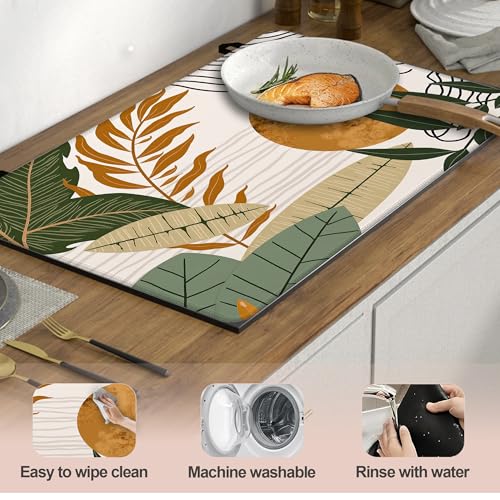Image of Boho Leaves Stove Top Covers Pad 28 x 20 inches Dish Drying Mat Coffee Bar Mats Kitchen Decor Absorbent Pad Fit Coffee Maker Machine Dish Drying