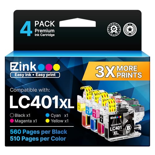 E-Z Ink LC401XL Ink Cartridges for Brother Printer Compatible Replacement for Brother LC401 Ink Cartridges LC401 XL LC401XL LC 401 to use with MFC-J1010DW MFC-J1170DW MFC-J1012DW DCP-J1800DW