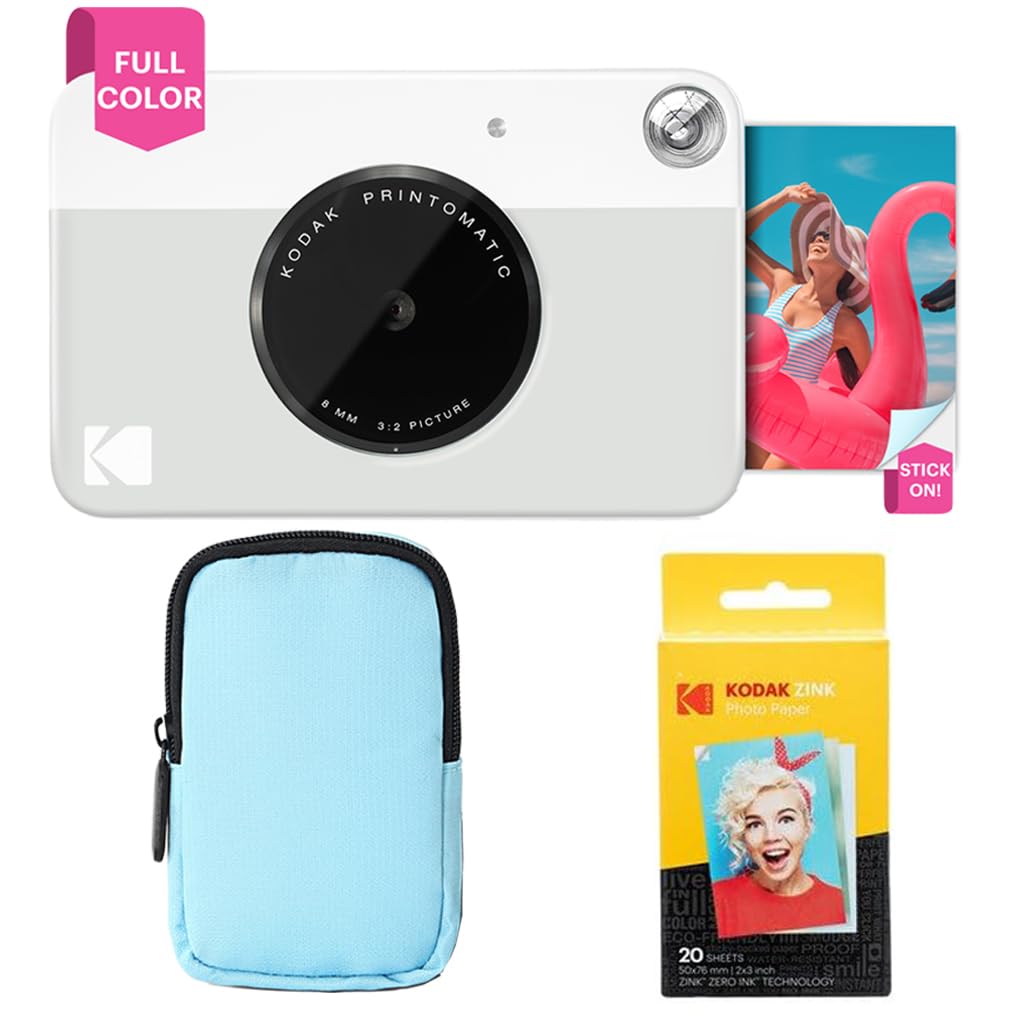 KODAK Printomatic Pacchetto iniziale per macchina fotografica a stampa istantanea a colori + Custodia morbida + Carta fotografica Zink da 20 pezzi - Foto colorate su carta adesiva 2x3" - Grigio