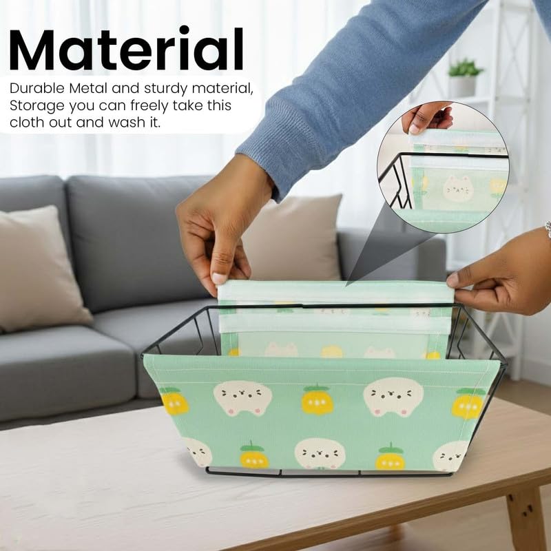 Image of Go Hooked Metal Storage Basket with Removable Fabric Liner | Mint Green Cat & Flower Print Multipurpose Organizer for Home, Bathroom, Study Desk | Decorative Wire Basket for Toys, Fruits, Snacks
