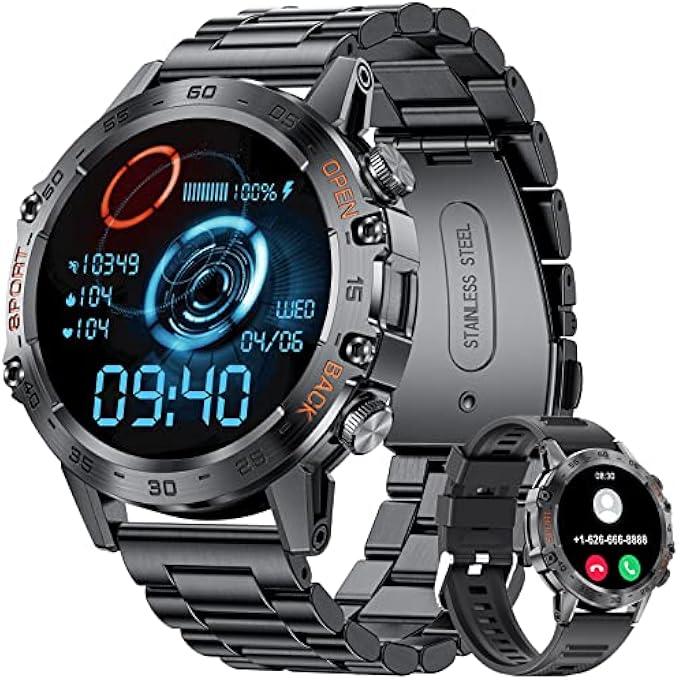 Military Smart Watches for Men, Smart Watch with Bluetooth Voice Call Compatible Android iOS Phone, Smartwatch with Heart Rate SpO2 Blood Pressure Sleep Monitor, IP67 Waterproof Tactical Watch, 400mAh