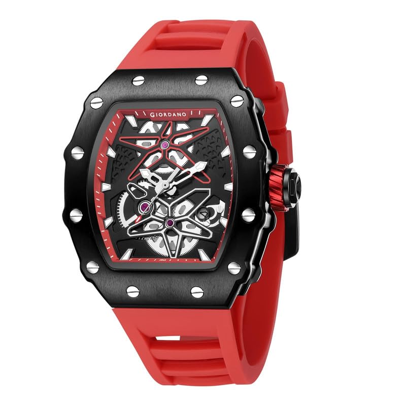 Image of Giordano Analog Skeleton Dial Watch for Men - Tonneau Case, Silicone Strap, Open-Gear Sport Design, Quartz Movement