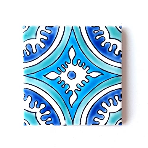 DŸARI Decorative Ceramic Tiles – Hand Painted Indoor & Outdoor Floor Tiles – Spanish Artisan Tile Top Kitchen – Mediterranean Decorative Tiles 4” × 4” – Durable Colorful Floor Tiles – 140 g (Eau V 5)