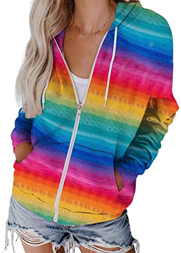 Women Rainbow Sweatshirt Long Sleeve Zip Up Hoodie Color Block Sweatshirt Pullover (Rainbow, M)