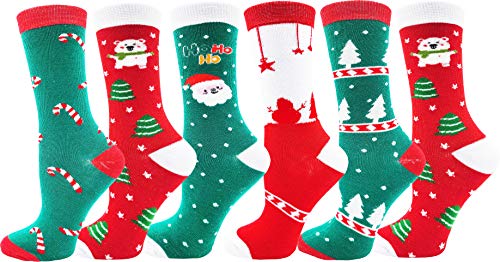 6 Pairs Christmas Socks for Women Girls, Fun Festive Bulk Pack, Colorful Pattern Holiday Novelty Cute (Assorted Christmas Crew Socks (C))