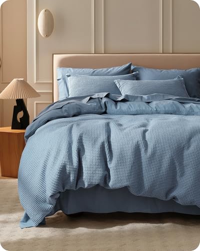 Image of Bedsure Cotton Duvet Cover Queen - 100% Cotton Waffle Weave Grey Blue Duvet Cover Queen Size, PureWoven Breathable Bedding Set for All Season, 3 Pieces, 90 inchx90 inch