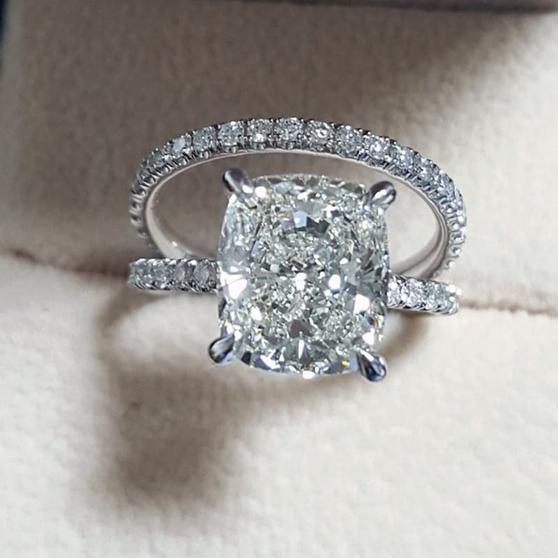 925 Sterling Silver Shiny Full 2Pcs Women Zircon Rings Set Square Cut Cubic Zirconia Engagement Rings Bridal Wedding Bands for Her Size 73