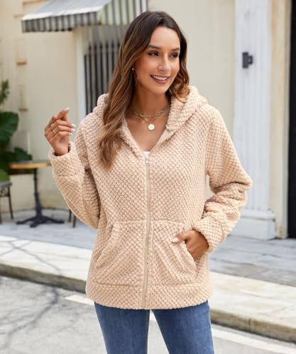 Damen Winterjacke Hoodie Fleecejacke Warm Wintermantel Stilvoller Pullover Strickjacke Reißverschluss Plüschjacke Herbst Kurz Mantel Winter Jacke Oberteile Mode Kapuzenjacke Mit Taschen (Aprikose, XL)