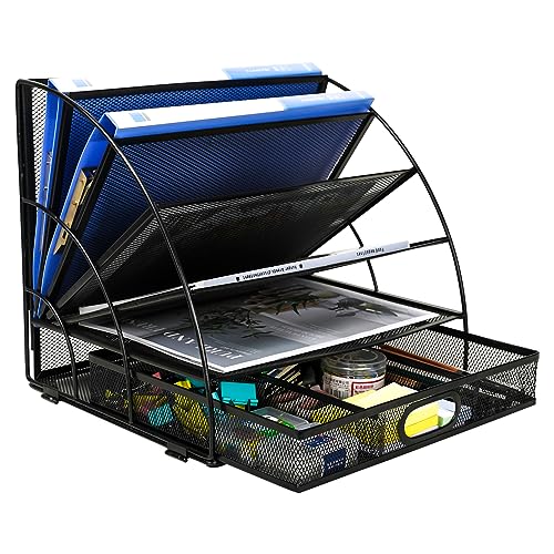 TQVAI 6 Compartment Letter Tray Desk Tidy Organiser with Drawer Fan-Shaped Paper Storage Organiser Document Holder, Black