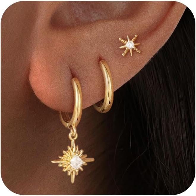 Gold Huggie Earrings for Women,Hypoallergenic Dainty Trendy Small Cute Earring Stacks for Sensitive Ears CZ Diamond Lightweight Jewelry Set