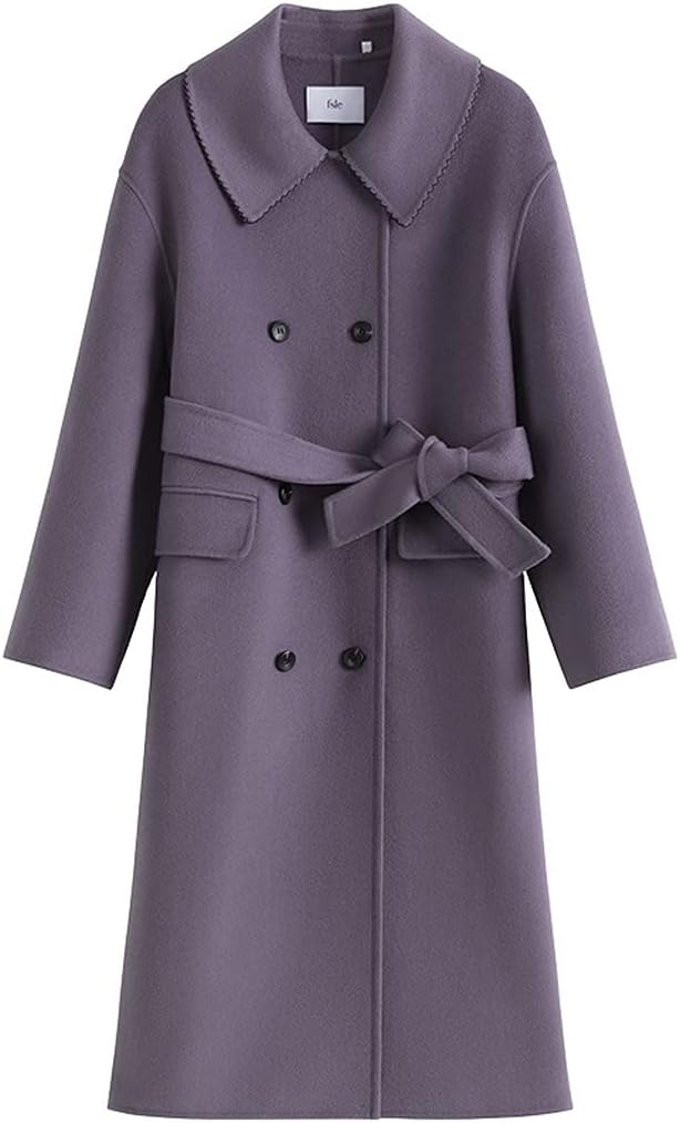 TWDYC Long Elegant 100% Wool Coat Women Belt White Blend Winter Coat Female Oversized Vintage Purpel Jacket Overcoat Ladies (Color : Purple, Size : S Code)