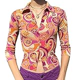 Women Long Sleeve Crop Top Shirt Vintage Floral Print Y2K Cardigan Collared Button Down T Shirt Blouse E Girl Streetwear