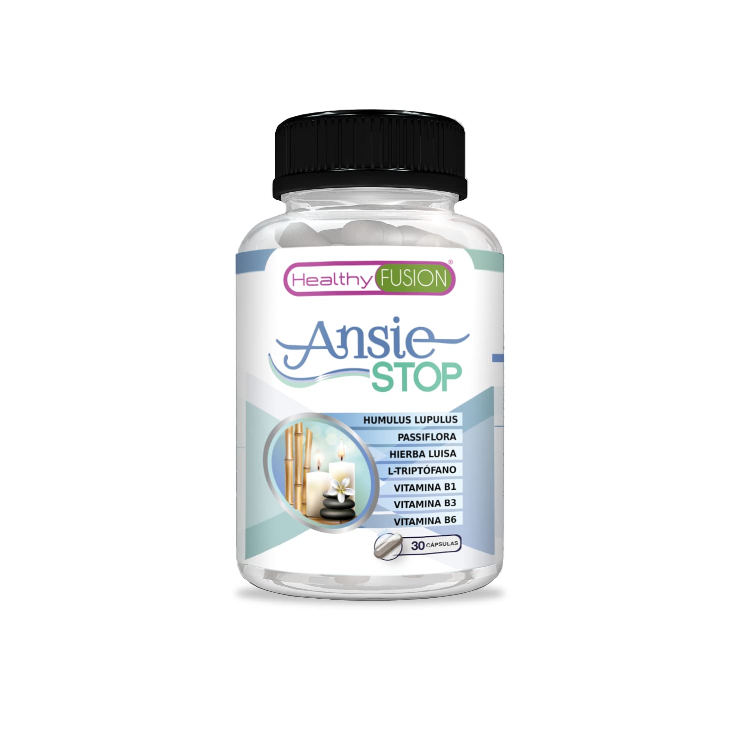 Healthy Fusion Ansiestop | Triptófano con pasiflora para los síntomas del estrés y la ansiedad | Acaba con el nerviosismo | Facilita el descanso | Propiedades antiestrés y relajantes naturales | 30 u.