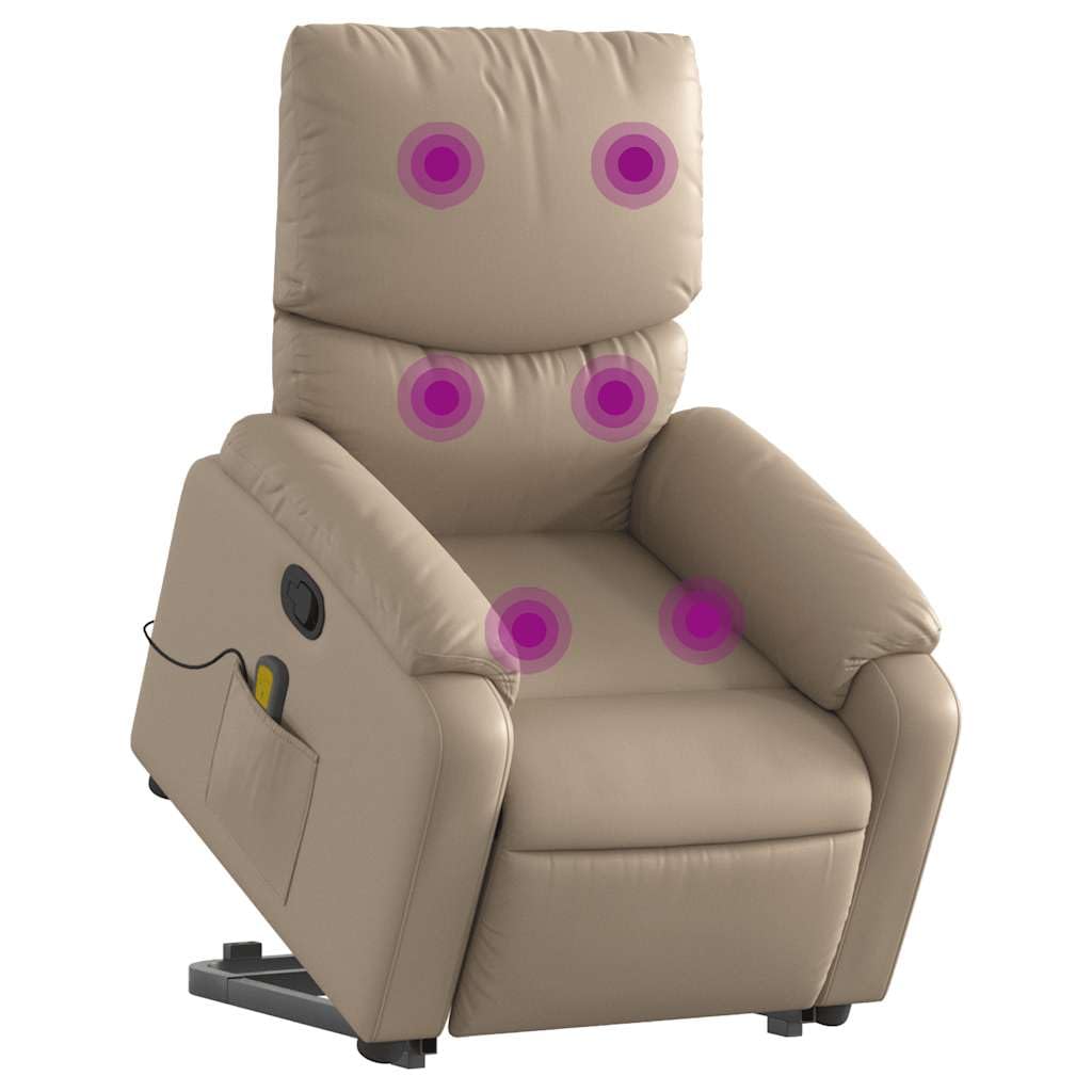 Sillón elevador reclinable de piel sintética de capuchino con 6 puntos de vibración y marco estable, función de elevación eléctrica y reclinación manual a 135 grados
