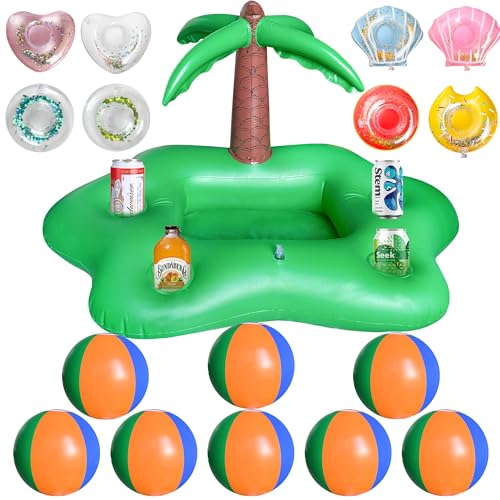 Kleeblatt Large Pool Drink Holder - Inflatable Floating Drink Holder for Pool 8pcs - Beach Balls 8pcs - Beach Vacation Essentials