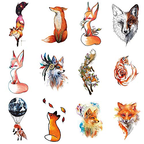 Wyuen 12 PCS/lot Wolf Temporary Tattoo Sticker for Women Men Fashion Body Art Adults Waterproof Hand Fake Tatoo 9.8X6cm FW12-01 (Fox)