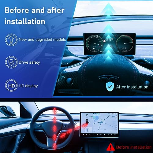 Fockety 9 Zoll Auto Head Up Display für Model 3/Y, IPS Bildschirm, WLAN Verbindung, Google Assistant, Carplay, Drehzahlmesser, Eingebettetes Design, Auto HUD Display für