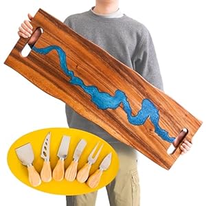 36 x 12 Inch Charcuterie Boards Extra Large with Handles, Cutting Board Resin, Rectangular Charcuterie Platter, Natural Wood Server for Meat, Cheese Board, Extra Long 3ft (Brown Wood)
