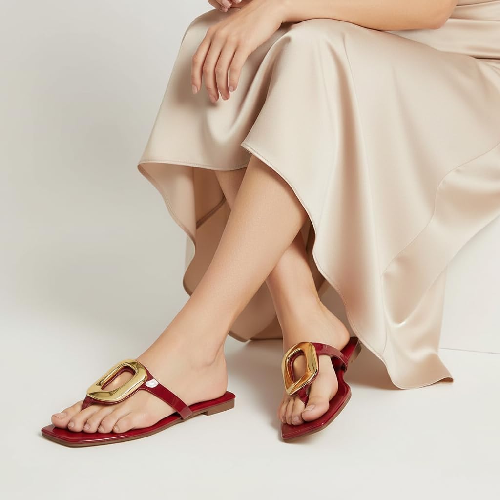 Gold Buckle Flat Sandals for Women Square Toe Dressy Flip Flops Trendy Thong Sandals Slide Sandals