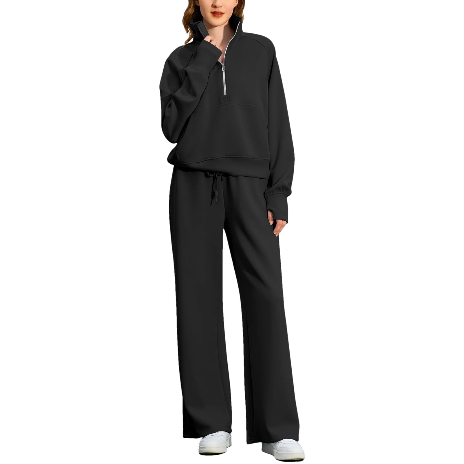 Momuk Donna 2 Pezzi Set di Tute da Donna Felpe Casual con Risvolto e Mezza Zip e Pantaloni a Gamba Larga Set da Salotto Tuta da Ginnastica