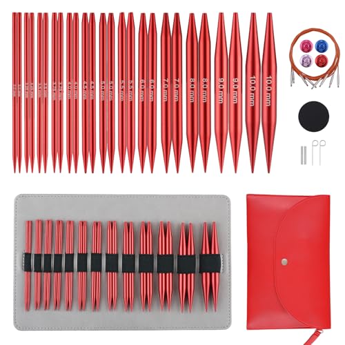 Guclud Interchangeable Circular Knitting Needles Set 4-Inch | US 2.5-15 (3.0-10.0mm) | 13-Pair of Metal Circular Needles | 4 Cables (16', 24', 32', and 40'), Accessories & Case (Rose Red)