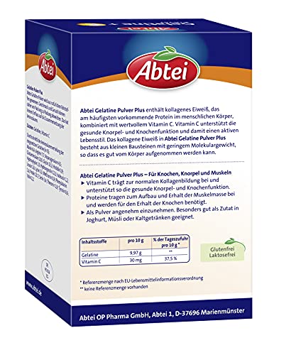 Abtei Gelatine Pulver Plus - reine Gelatine und Vitamin C für Knochen, Knorpel und Muskeln - hochdosiert - 400 g (4 x 100 g) - Vorratspack für 40 Tage