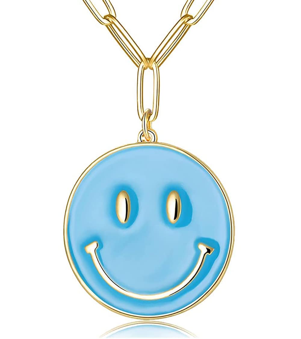 Smiley Face Paperclip Necklaces, Gold Plated Stainless Steel Emoji Chain Simple Cute Round Smile Necklace Preppy One Size