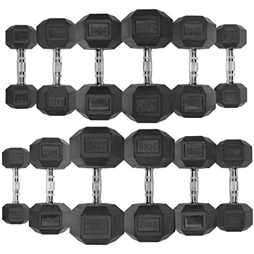 JLL Dumbbells Rubber Encased Ergo Weights Sets Hexagonal Dumbbell Gym Fitness (2 x 32kg (Pair))