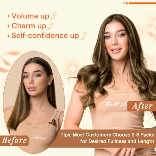 Image of Full Shine Butterfly Weft Hair Extensions, 16 Inch 50G Human Hair | Brown Highlights Blonde, Medium Length Straight Hair, Double Side Weft, Seamless Micro Bead, Invisible PU Holes, Natural Look