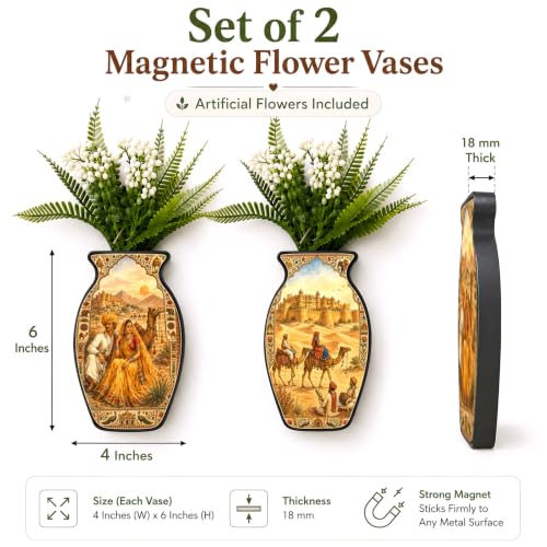 Image of Regalo Casila Rajasthan Desert Heritage Art Magnetic Artificial Flower Vase Fridge Magnets Set of 2 Camel Palace Rajasthani Culture Refrigerator Kitchen Home Decor Gift