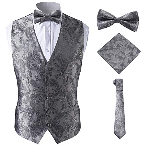 Classic Paisley Suit Vest for Men with Necktie Handkerchief Bow Tie