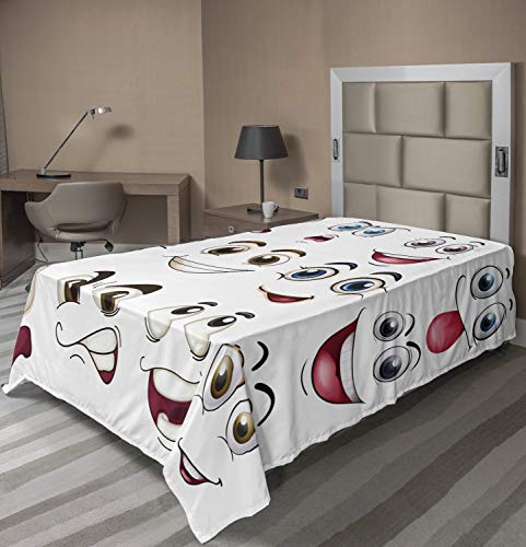 Ambesonne Cartoon Flat Sheet, Smiling Face and Cartoon Hand Drawing Image with Positive Face Expressions, Soft Comfortable Top Sheet Decorative Bedding 1 Piece, Twin Size, Multicolor