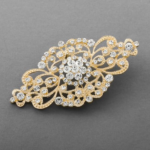 Image of Mariell Vintage Bridal Crystal Brooch Pin, 4 inch Wide, Gold Wedding Pin, Rhinestone Brooch for Brides and Wedding, Art Deco Fashion Accessory